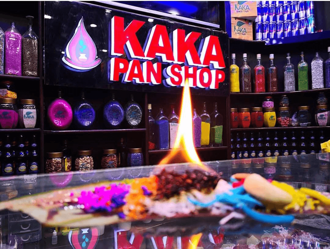 Fire Paan being lit at the Kaka Pan Shop counter